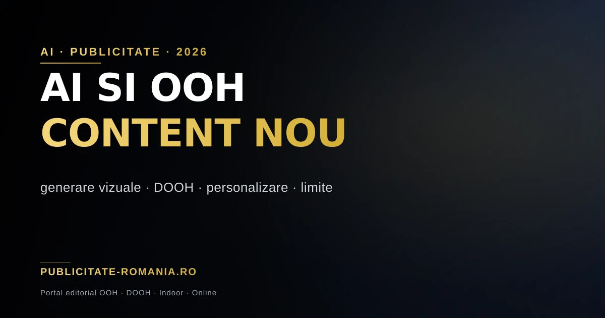 Ecran digital DOOH cu vizualizare AI in centrul unui oras, contrast albastru-auriu cinematic