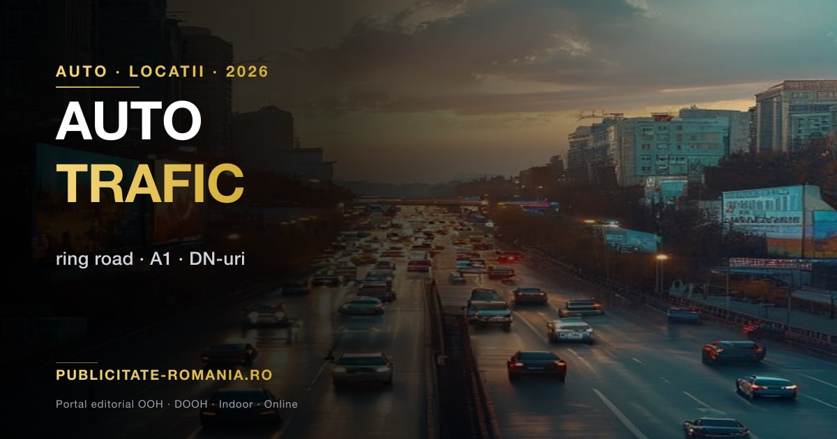 Intersectie urbana cu trafic auto intens si structura de billboard in plan indepartat — coridor de captare a cumparatorilor potentiali catre showroom
