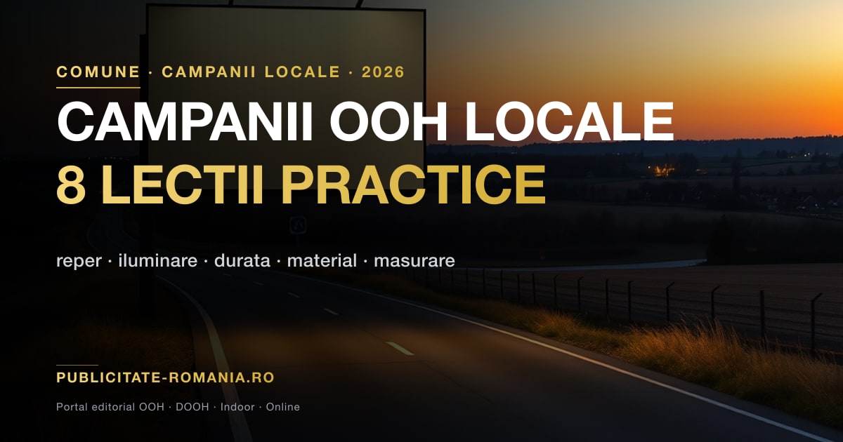 Panou publicitar backlit iluminat pe un drum judetean la intrarea intr-o comuna, campanie OOH locala 2026