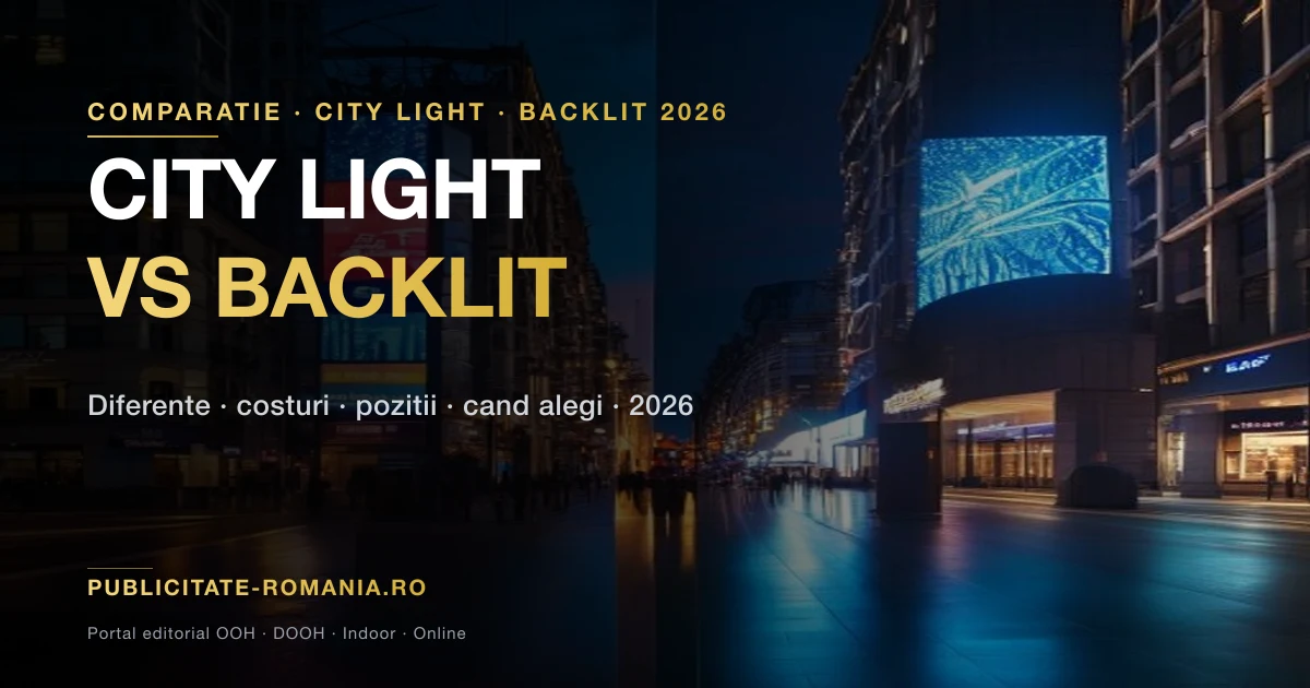 Comparatie city light stradal si backlit interior intr-un centru comercial Romania 2026