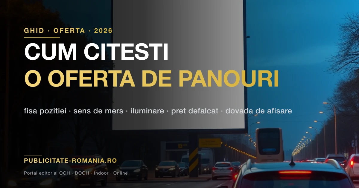 Panou publicitar iluminat pe un bulevard din Bucuresti seara, cu trafic in miscare — cum citesti o oferta de panouri publicitare 2026