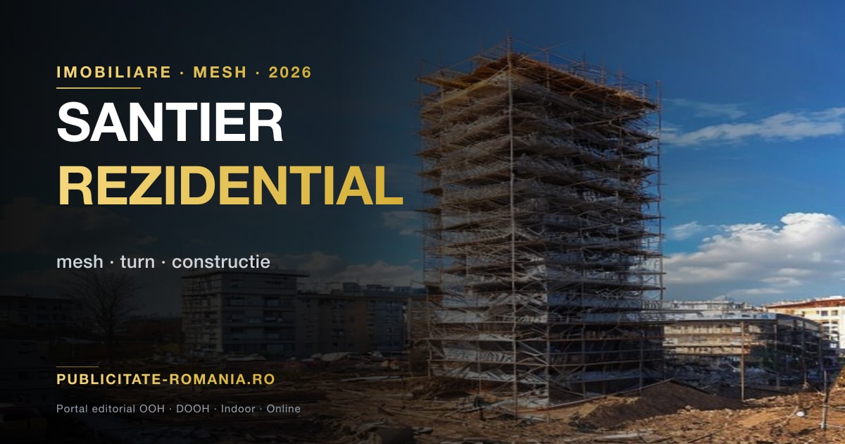 Mesh publicitar pentru proiect imobiliar rezidential montat pe schela santierului in constructie — formatul cu cel mai mare impact vizual la locul proiectului