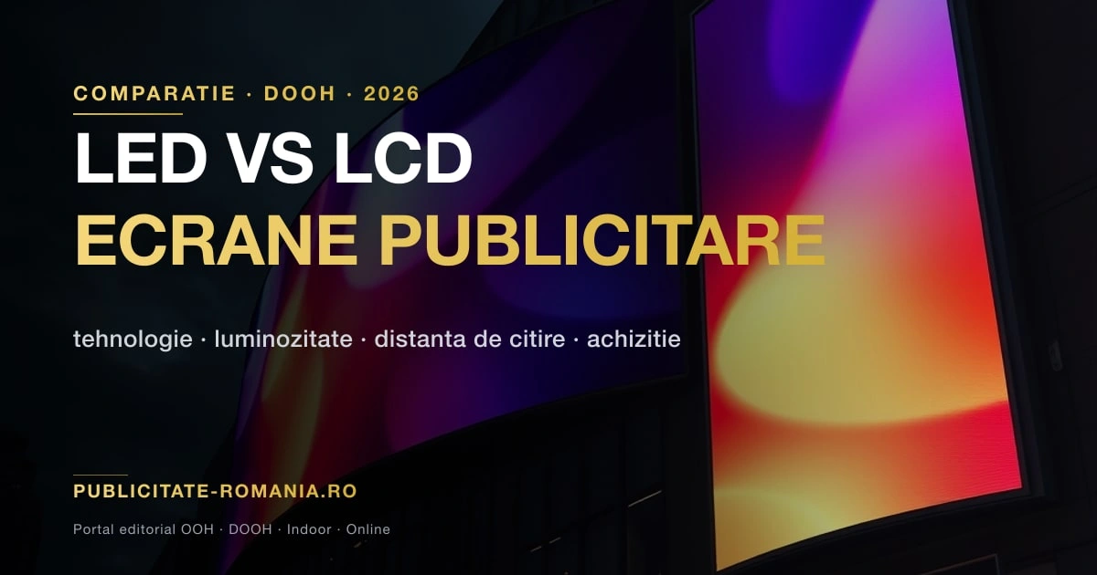 Ecran LED de mari dimensiuni pe o fatada urbana seara, alaturi de un ecran LCD intr-un spatiu interior — comparatie LED vs LCD 2026