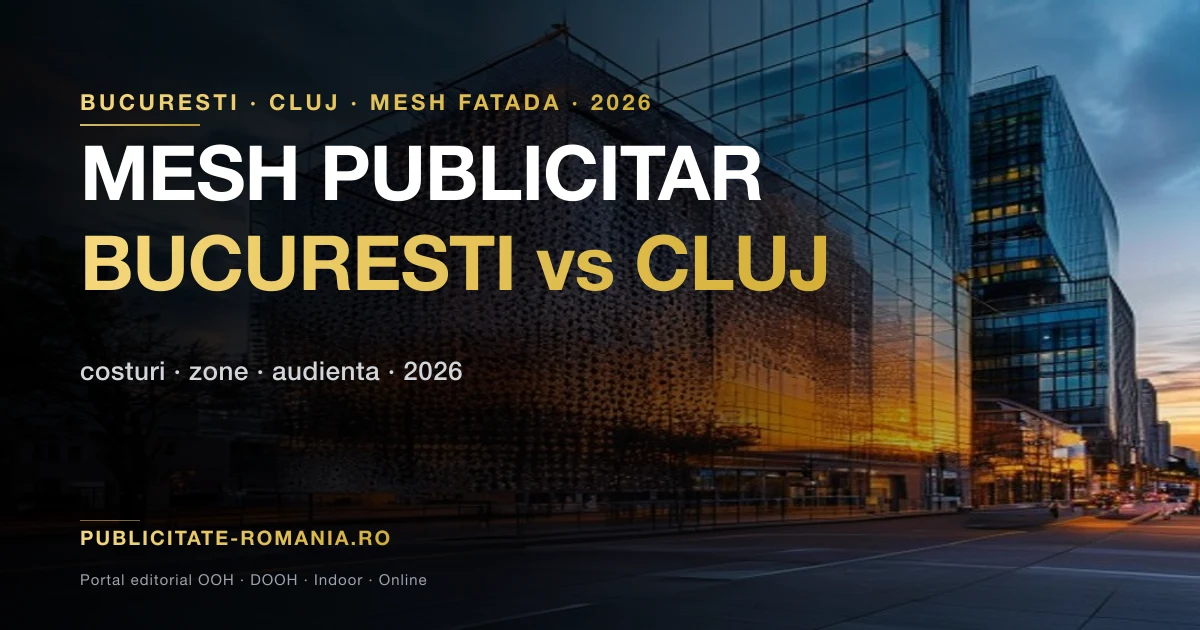 Mesh publicitar cladire Bucuresti vs Cluj 2026 - comparatie costuri si zone