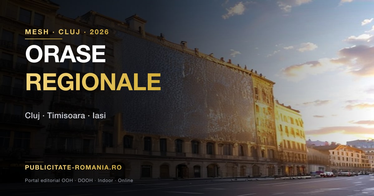 Mesh publicitar pe fatada unei cladiri istorice reabilitate din centrul unui oras regional din Romania — exemplu pentru pozitiile premium din Cluj, Timisoara, Iasi sau Brasov