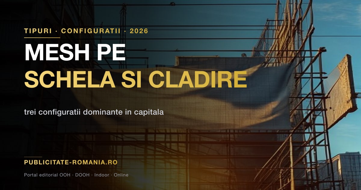 Mesh publicitar montat pe schela de constructie a unei cladiri din Bucuresti — panza tehnica perforata intinsa pe structura metalica de sustinere