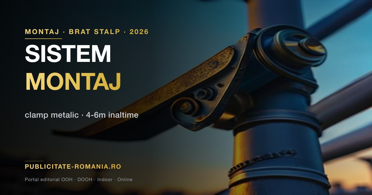 Detaliu tehnic clamp metalic de montaj pentru steag publicitar fixat pe bratul orizontal al unui stalp de iluminat Bucuresti