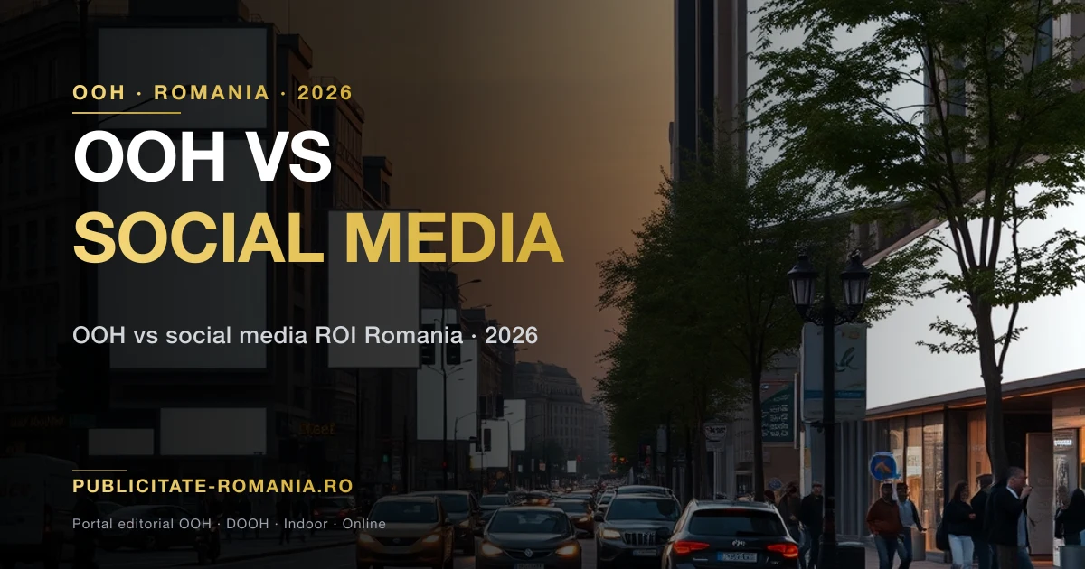 Comparatie intre un panou publicitar stradal si un telefon cu retele sociale, pe fundal urban din Romania