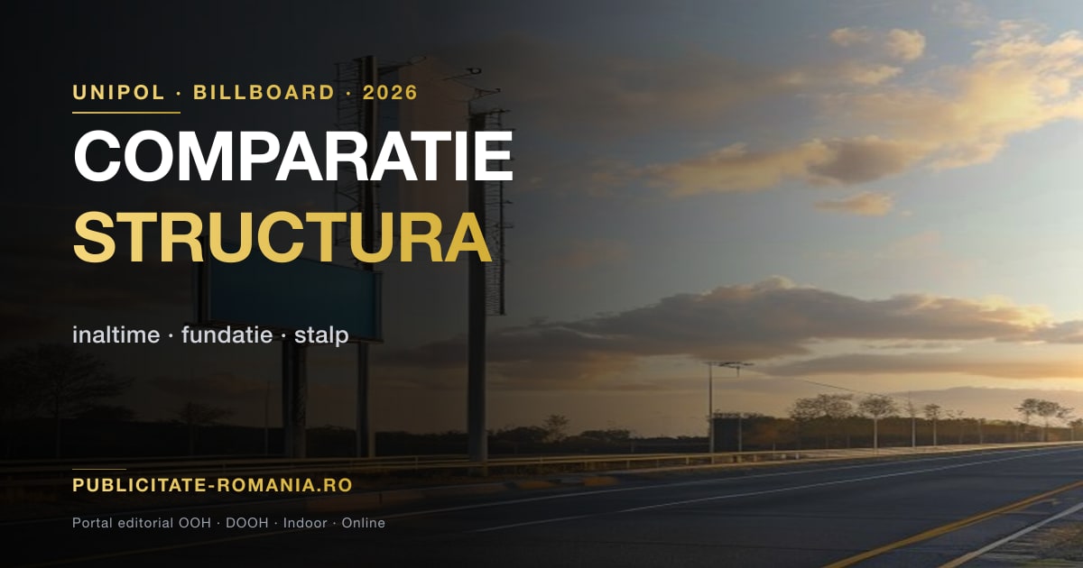 Comparatie structurala intre unipol publicitar de 15 metri inaltime si billboard clasic urban de 6 metri — diferenta de scara pentru autostrada versus contextul stradal